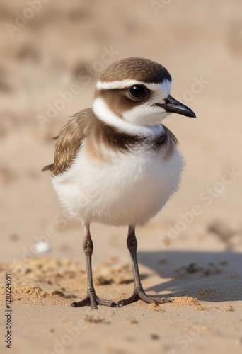 Brown and grey downy plumage of a young Wilson's s plover chick on the sandy shore, sand-dwelling, brown, plover photo