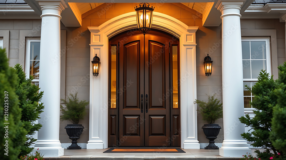 Elegant Home Entrance: Grand Design, Classic Architecture, Night View Elegant Home Entrance: Grand Design, Classic Architecture, Night View