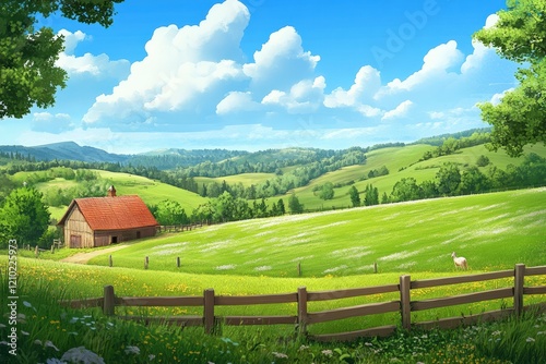 Quaint countryside farm with rolling green hills in the background.