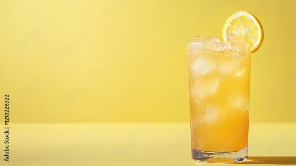 Refreshing iced lemon drink with slice garnish against yellow background Refreshing iced lemon drink with slice garnish against yellow background