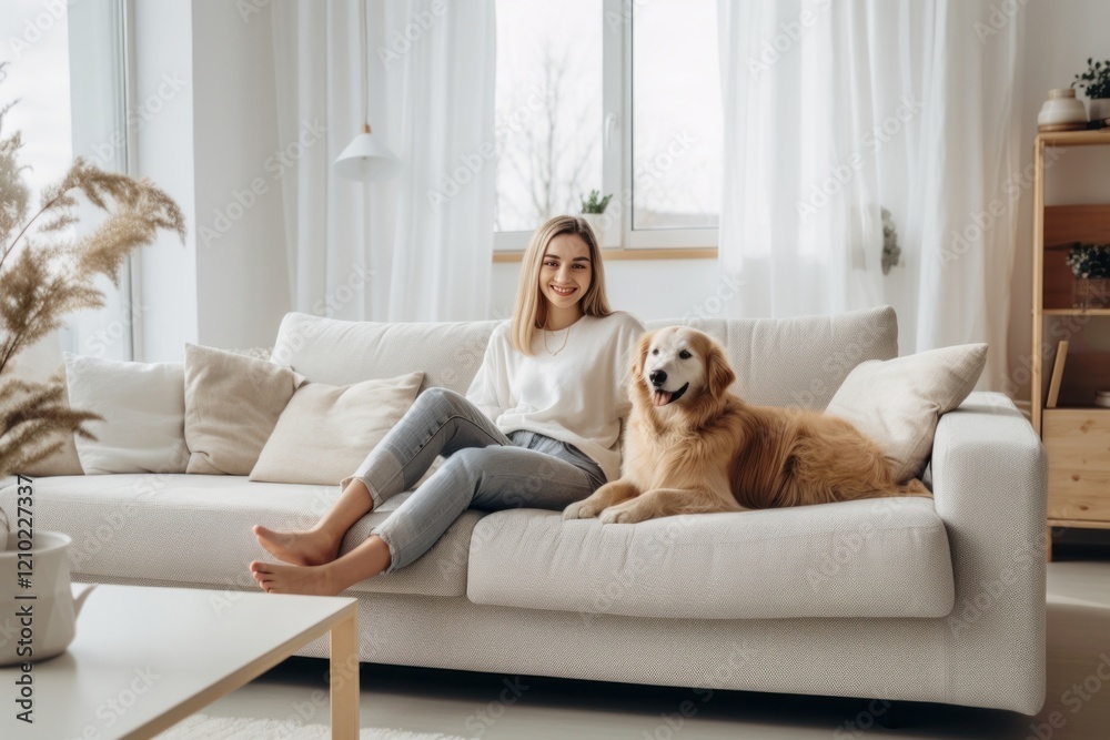 Woman and a dog furniture sitting mammal Woman and a dog furniture sitting mammal