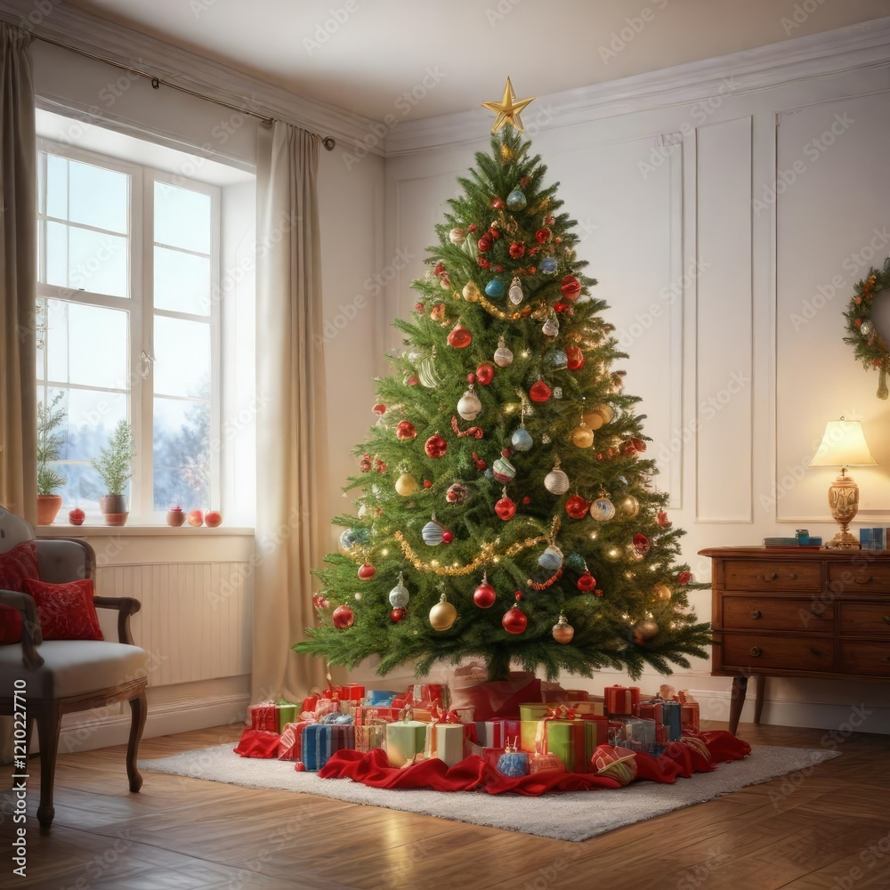 Christmas tree decorated with ornaments and garlands in a bright and airy room, serene, seasonal