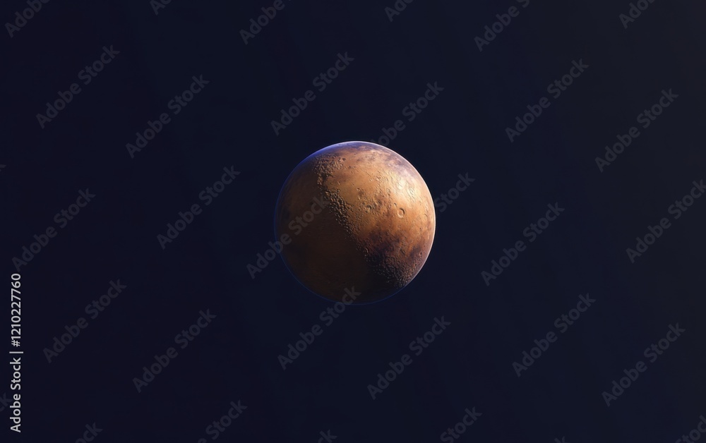 A red planet, Mars, floating in space.
A red planet, Mars, floating in space.