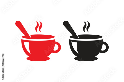 Tea cup, coffee cup silhouettes with white background and color versions vector illustration, Tea and coffee cup set icon, logo isolated on white background