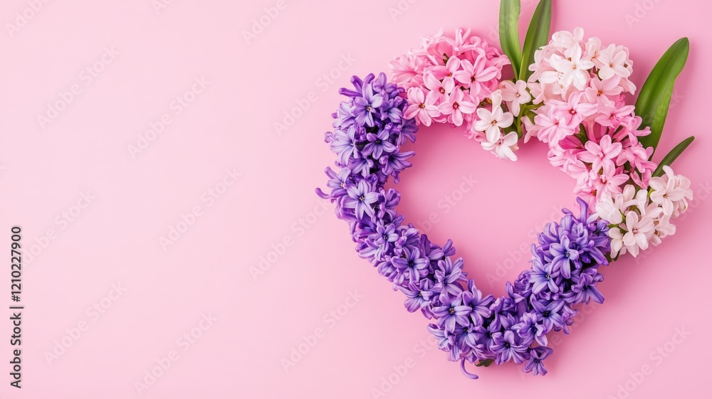 Delicate spring hyacinth blossoms forming flower heart shape on soft pink surface, symbolizing love and affection for romantic celebration. Valentine love romantic space for your text Delicate spring hyacinth blossoms forming flower heart shape on soft pink surface, symbolizing love and affection for romantic celebration. Valentine love romantic space for your text