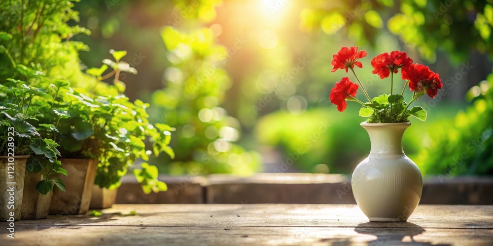 Serene garden scene red flowers in a white vase on a wooden surface, bathed in sunlight. Serene garden scene red flowers in a white vase on a wooden surface, bathed in sunlight.