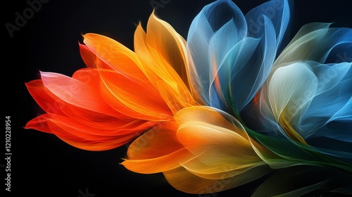 Abstract Floral Art Vibrant Orange Blue and White Flower Petals Design