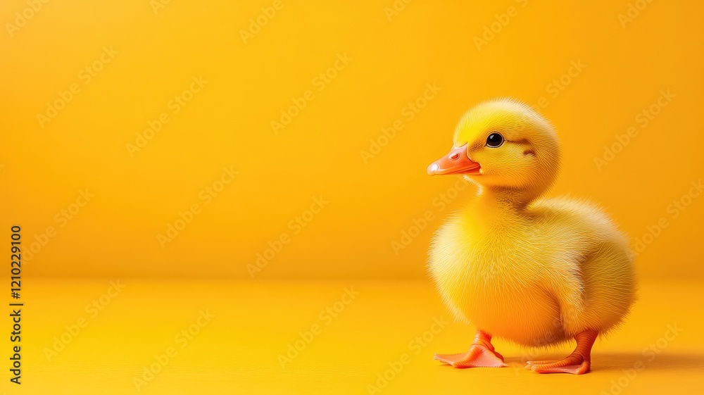 Cute yellow duckling with orange beak standing on bright background Cute yellow duckling with orange beak standing on bright background