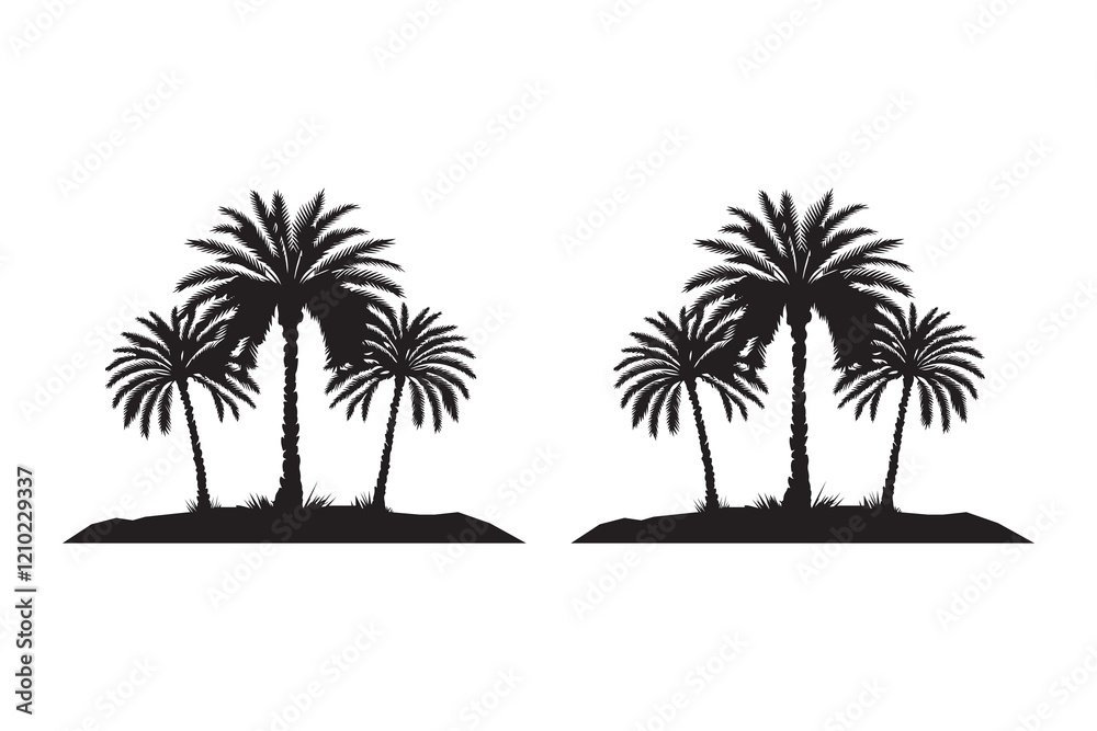 Obraz premium Dates tree silhouettes with white background and color versions vector illustration, Palm tropical trees. Silhouette vector set