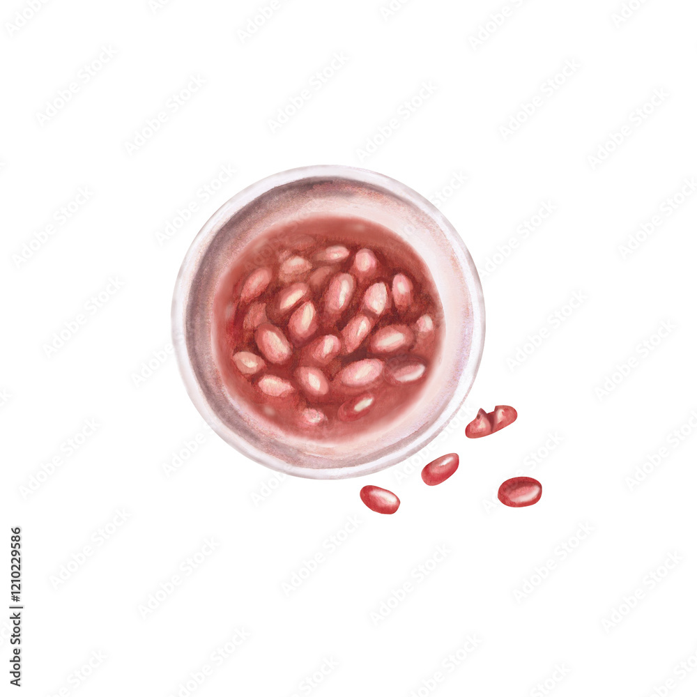 Bowl with beans in tomato sauce. Isolated watercolor illustration on breakfast theme for restaurant menu design, gastronomic magazines, posters, festival flyers. Bowl with beans in tomato sauce. Isolated watercolor illustration on breakfast theme for restaurant menu design, gastronomic magazines, posters, festival flyers.