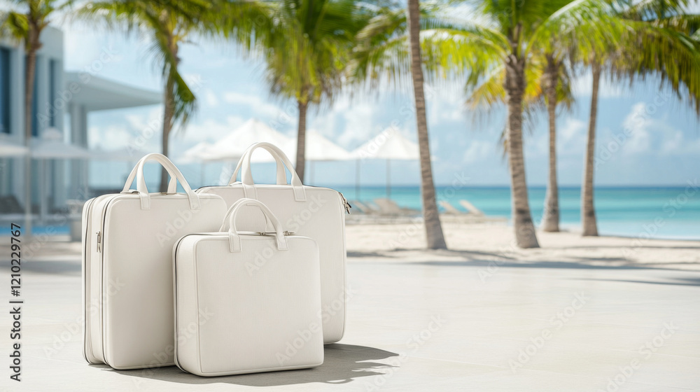 Naklejka premium Suitcases on tropical beach with palm trees and ocean, travel concept