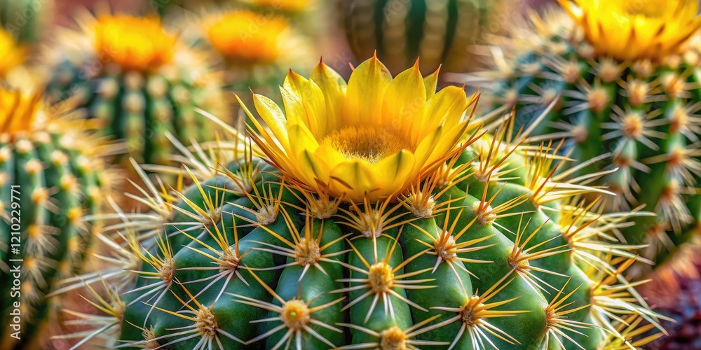 Close-up of a large cactus with sharp spines and vibrant yellow flowers blooming on its surface, flower, prickly, botanical Close-up of a large cactus with sharp spines and vibrant yellow flowers blooming on its surface, flower, prickly, botanical