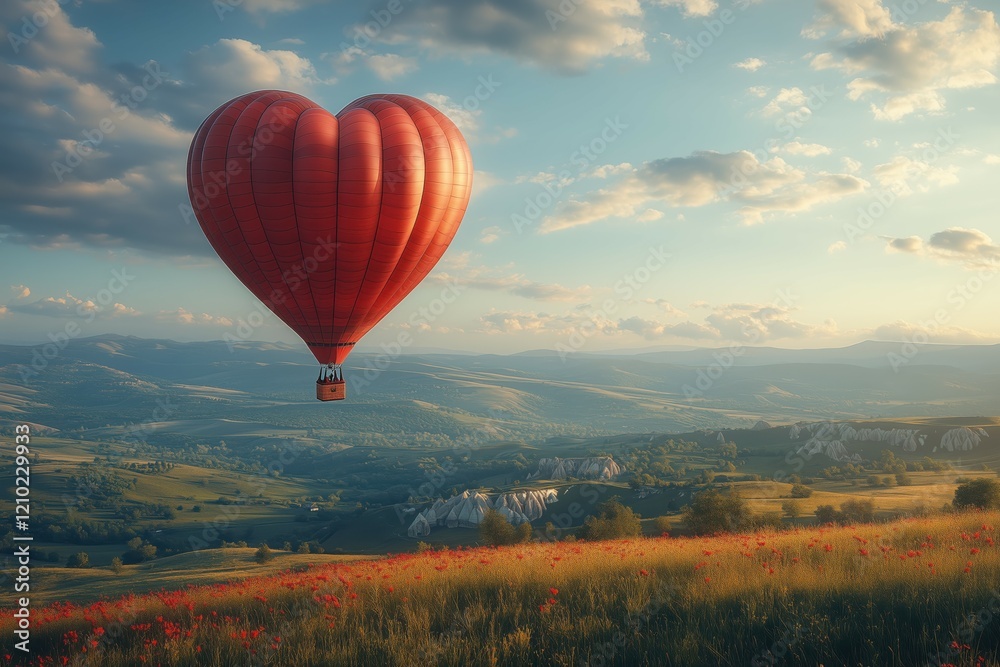 Obraz premium A heart shaped balloon flies over colorful poppy fields. 