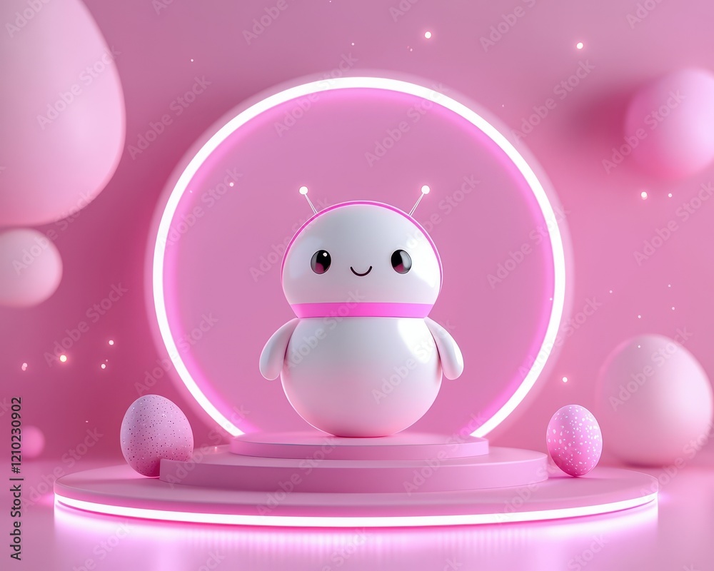 A cute pink robot character stands on a glowing pedestal with soft pastel elements. A cute pink robot character stands on a glowing pedestal with soft pastel elements.