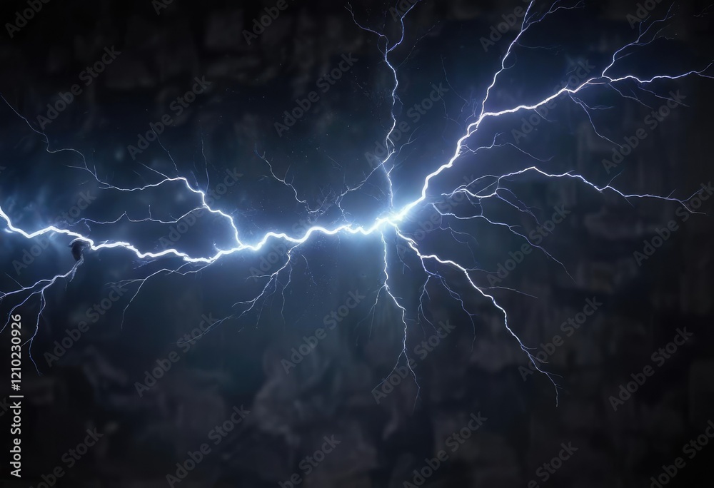 Fototapeta premium Close up of blue lightning against a dark background, dramatic sky, shocking