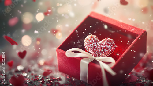 Valentine's Day Design with Realistic Red Gift Boxes, Open Gift Box Full of Festive Decorative Objects, and Romantic Background.
