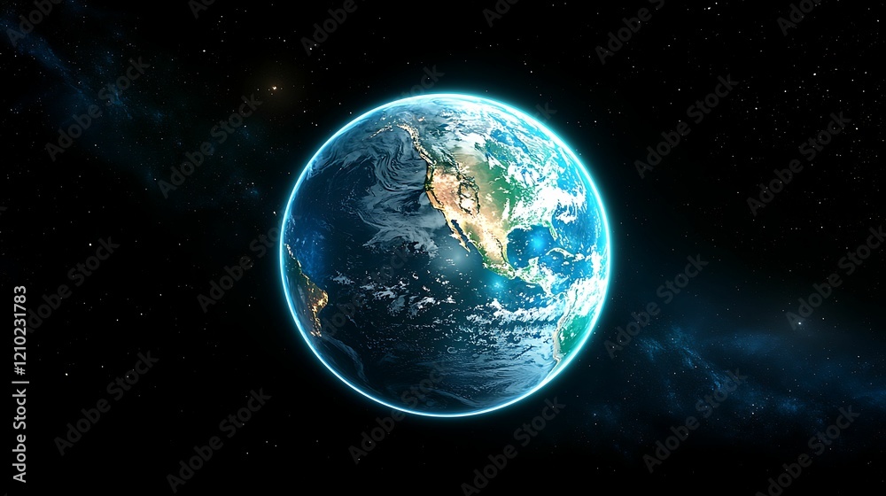 Obraz premium earth day pollution action. A vibrant view of Earth from space, showcasing its blue oceans and green landmasses against a dark cosmic backdrop.