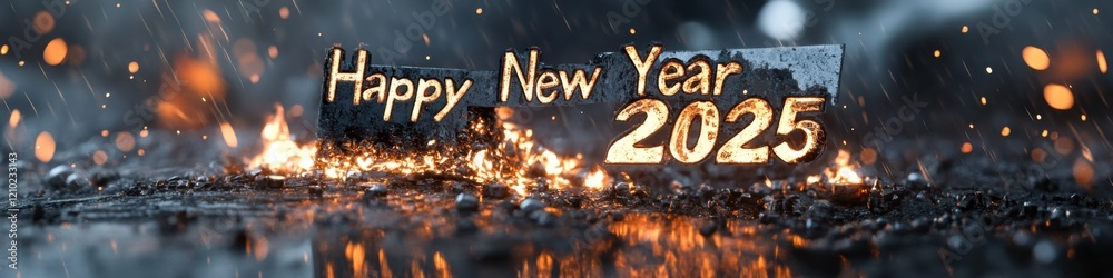 The text “Happy New Year” made of burning metal, with the digits “2025.”
The text “Happy New Year” made of burning metal, with the digits “2025.”