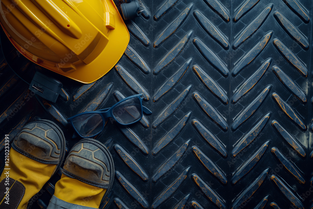 A pair of yellow safety boots and a yellow hard hat are on a black surface
