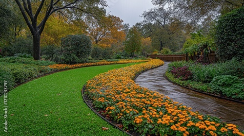 Autumn garden path, rain, flowers, foliage, landscape design photo