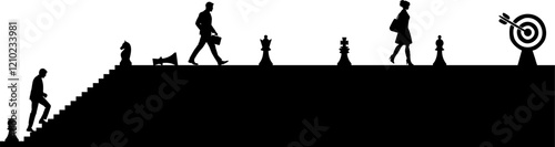 Vektor Körper Silhouetten - Business Personen auf dem Weg zum Ziel - Symbolik - Erfolg Stufen und Ziele - Taktik und Strategie auf dem Weg nach oben - Schachfiguren Symbolik und Spiel