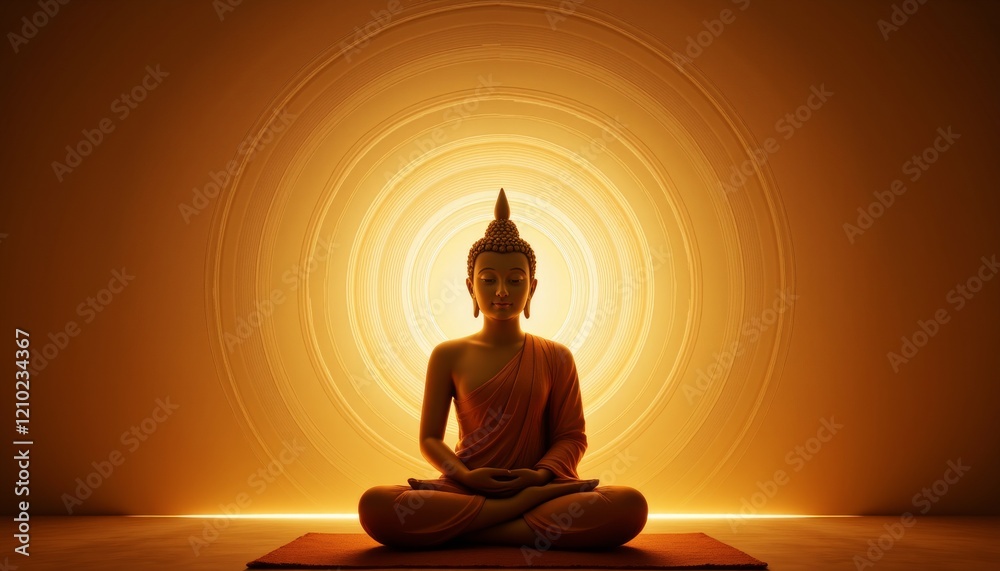 Buddha meditating in golden light radiating concentric circles, enlightenment Buddha meditating in golden light radiating concentric circles, enlightenment