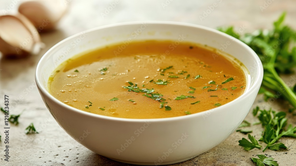 Bowl of warm vegetable broth garnished with fresh herbs Bowl of warm vegetable broth garnished with fresh herbs