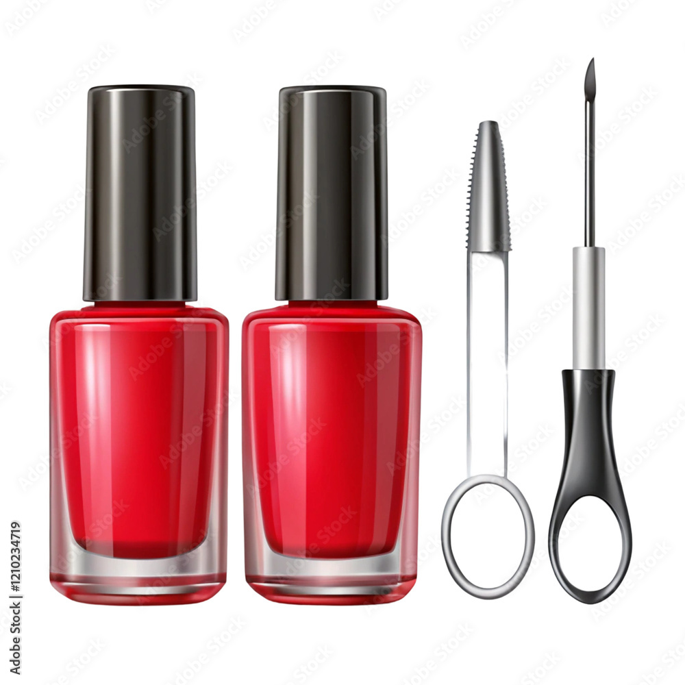 Obraz premium Manicure tools illustration with red nail polish isolated on transparent background