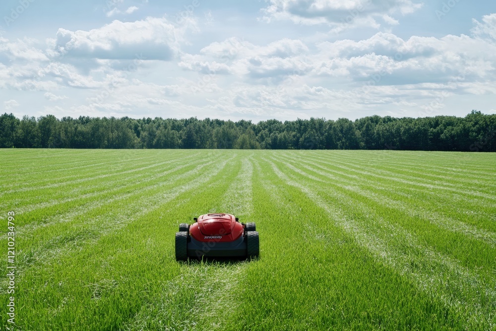 A robotic lawnmower cutting grass on a large, open field. A robotic lawnmower cutting grass on a large, open field.