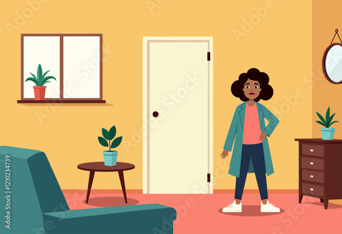 Financial Strain Cartoon: Minimalist User in Bad Interior. Simple illustration of a character struggling in a poorly designed apartment because of financial limitations.

