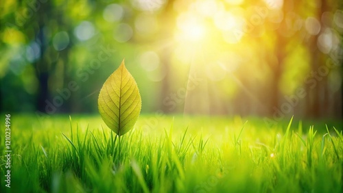 Single leaf in vibrant green grass with sunlit background
