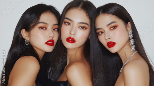 Three Models Posing with Elegant Red Makeup and Dress photo