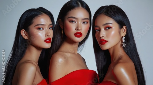 Elegant Trio in Red with Sleek Hair and Bold Looks photo