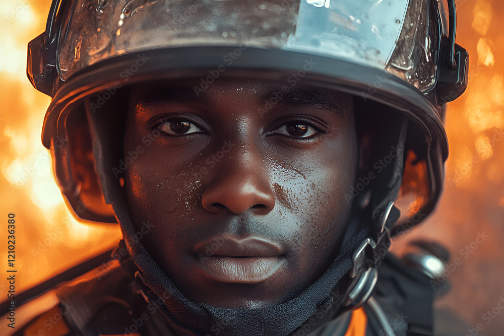 Close-up portrait of a black male firefighter in a fire uniform