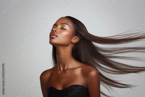 A beautiful African woman with long brown straight hair photography portrait flowing