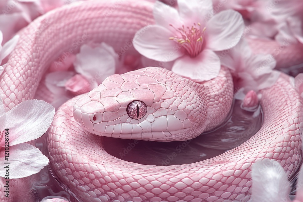 Fototapeta premium Pink Snake Among Delicate Pink Blossoms