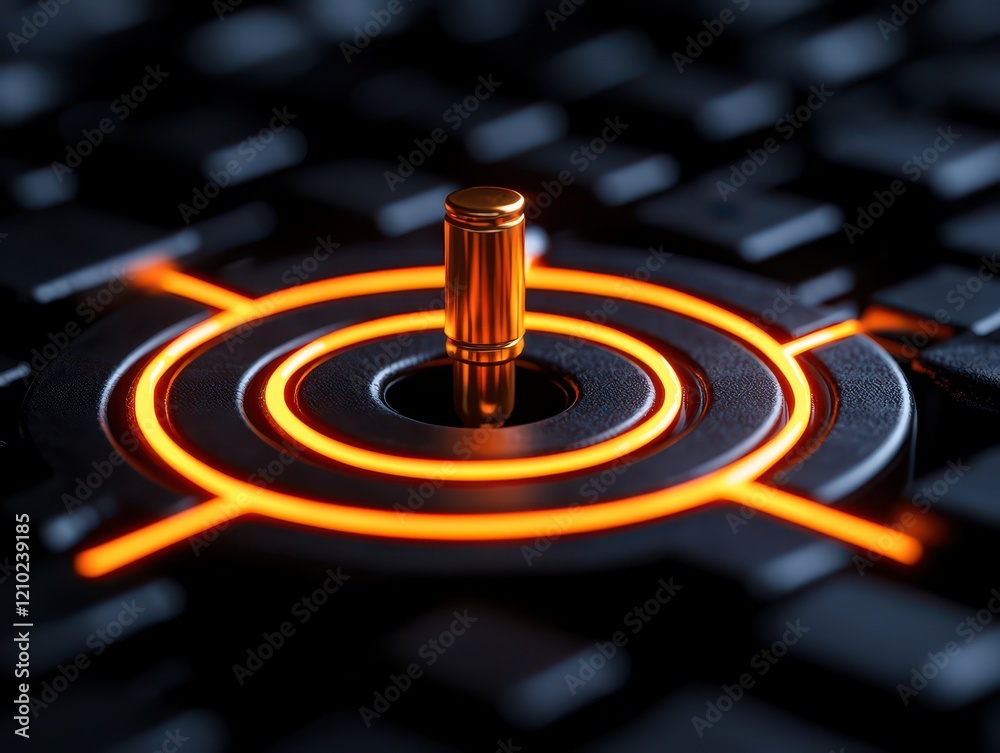 Close-up of a modern keyboard with glowing orange accents and a metallic button. Close-up of a modern keyboard with glowing orange accents and a metallic button.