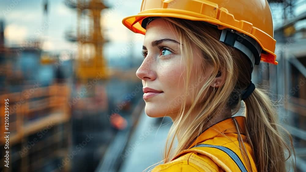 Confident Engineer: A determined female engineer, wearing a yellow hardhat and safety jacket, gazes thoughtfully towards the horizon, showcasing strength, competence. Confident Engineer: A determined female engineer, wearing a yellow hardhat and safety jacket, gazes thoughtfully towards the horizon, showcasing strength, competence.