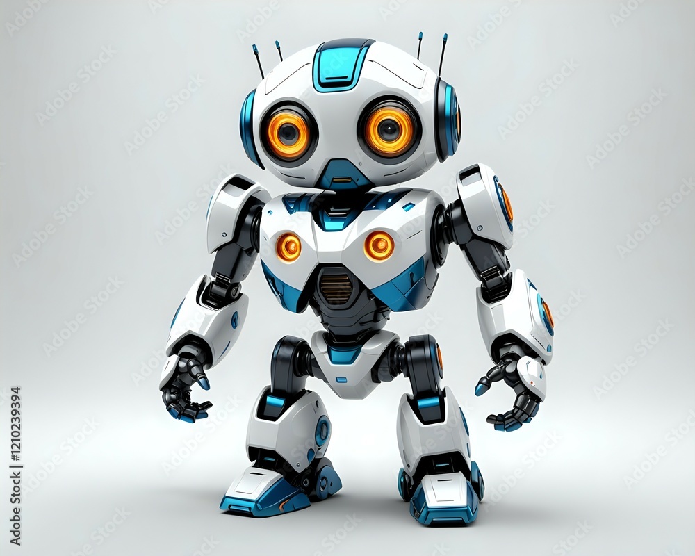 Friendly futuristic robot, white and blue, standing against a neutral background. Perfect for technology, AI, or children's concepts. Friendly futuristic robot, white and blue, standing against a neutral background. Perfect for technology, AI, or children's concepts.