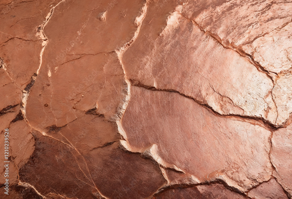 Fototapeta premium A close-up view of a textured copper surface with natural cracks and a warm metallic sheen, exuding rustic elegance and industrial charm.