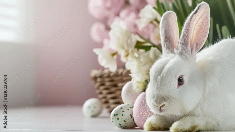 Obraz premium Cute white easter bunny relaxing near a basket of colorful eggs and spring flowers