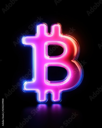 Colorful neon Bitcoin symbol illuminated against a dark background. photo