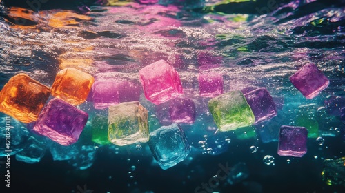 Multicolored ice cubes floating beneath the water, with vibrant light effects and bubbles creating a lively underwater scene. No people. photo