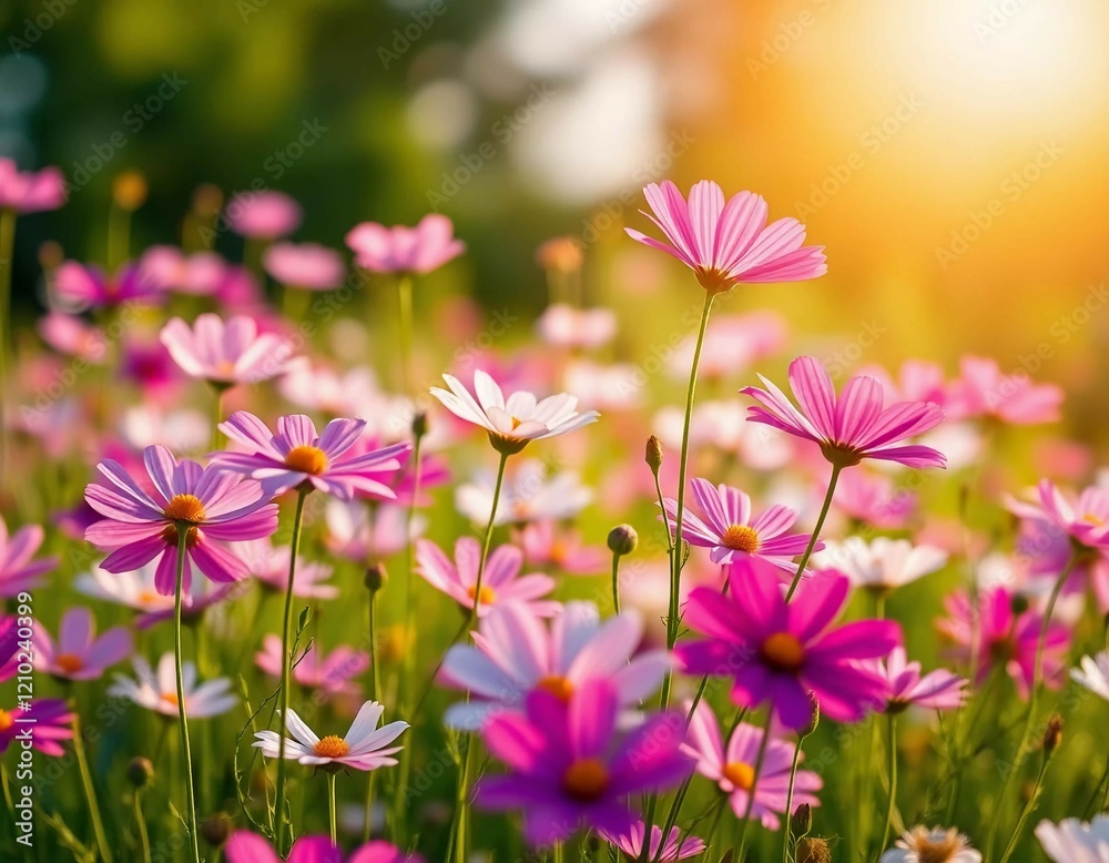 Cosmos Flower Field at Sunset: A Serene Summer Meadow Cosmos Flower Field at Sunset: A Serene Summer Meadow