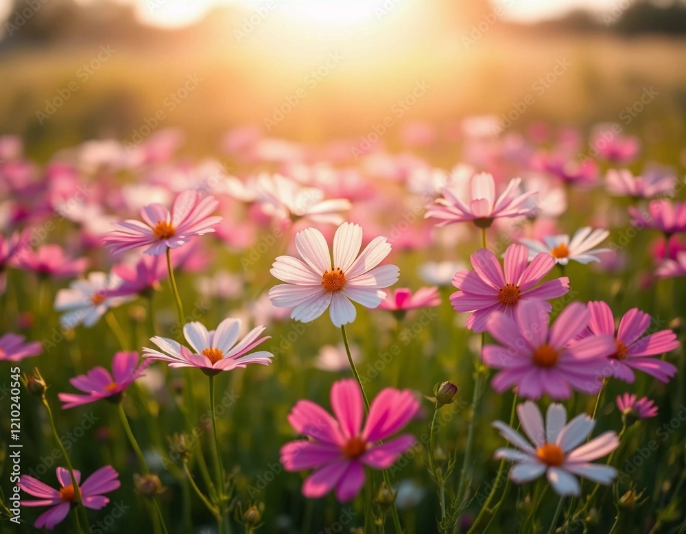 Fototapeta premium Sunset Serenity: A Field of Pink and White Cosmos Flowers