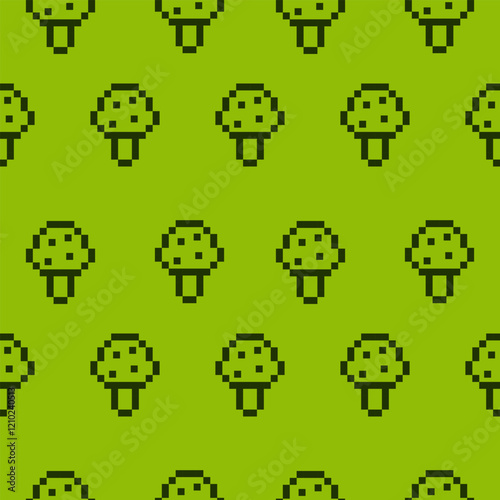 Mushrooms in pixel game style. Mobile game conseptual pattern. Flat seamless background.