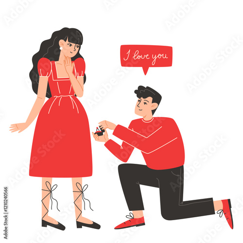 A man gets down on one knee and proposes to a woman, illustration for Valentine's Day card