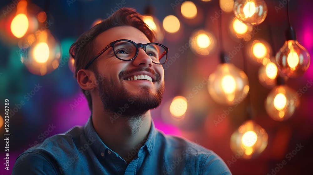 Cheerful young man wearing glasses smiling while looking upwards at shimmering decorative lights in a cozy indoor setting with colorful background bokeh. Cheerful young man wearing glasses smiling while looking upwards at shimmering decorative lights in a cozy indoor setting with colorful background bokeh.