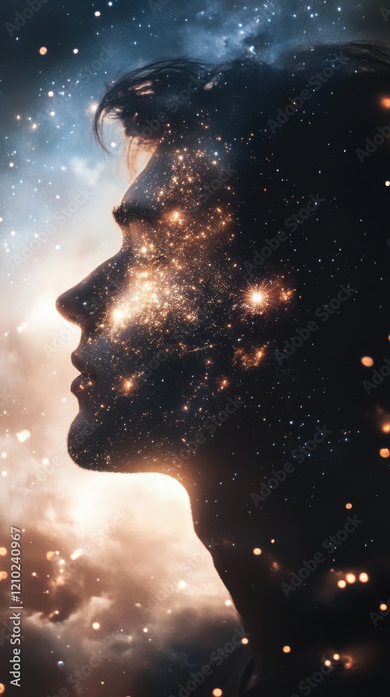 Mystical profile filled with celestial patterns and cosmic elements highlighting the connection between humanity and the universe Mystical profile filled with celestial patterns and cosmic elements highlighting the connection between humanity and the universe
