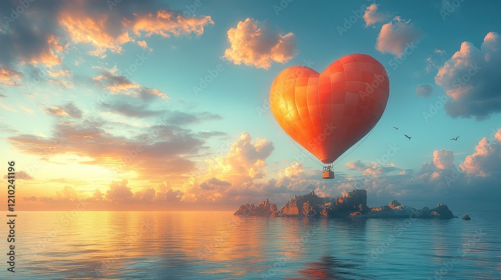 Fototapeta premium A heart-shaped hot air balloon floats over a serene ocean at sunset.